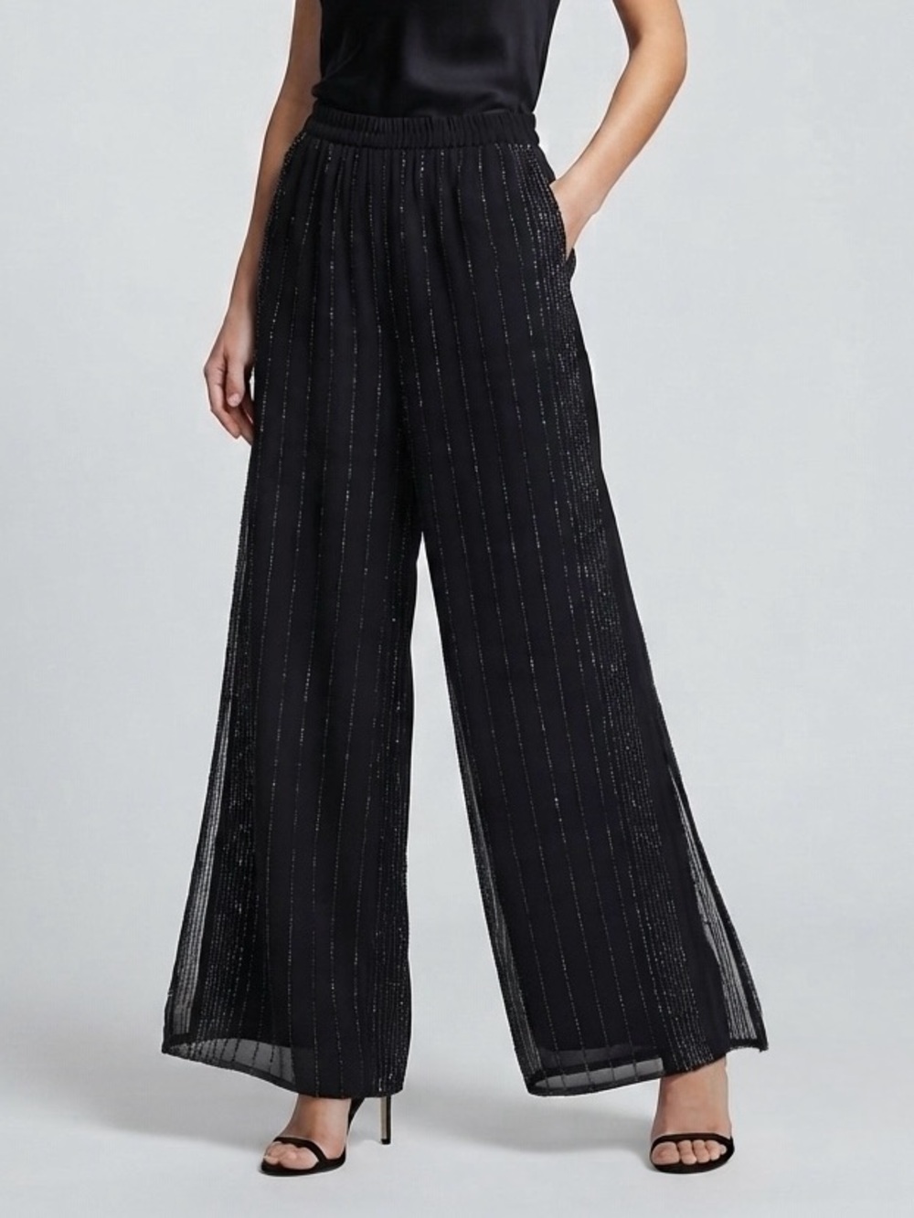 Vintage Cachet Black Beaded Wide Leg Pull-On Evening Pants Size 4 Y2K